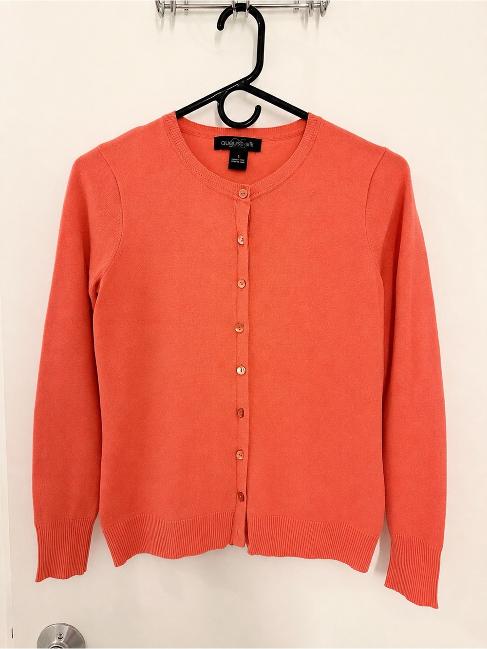 august silk Coral-Orange Button Front Crewneck Cardigan